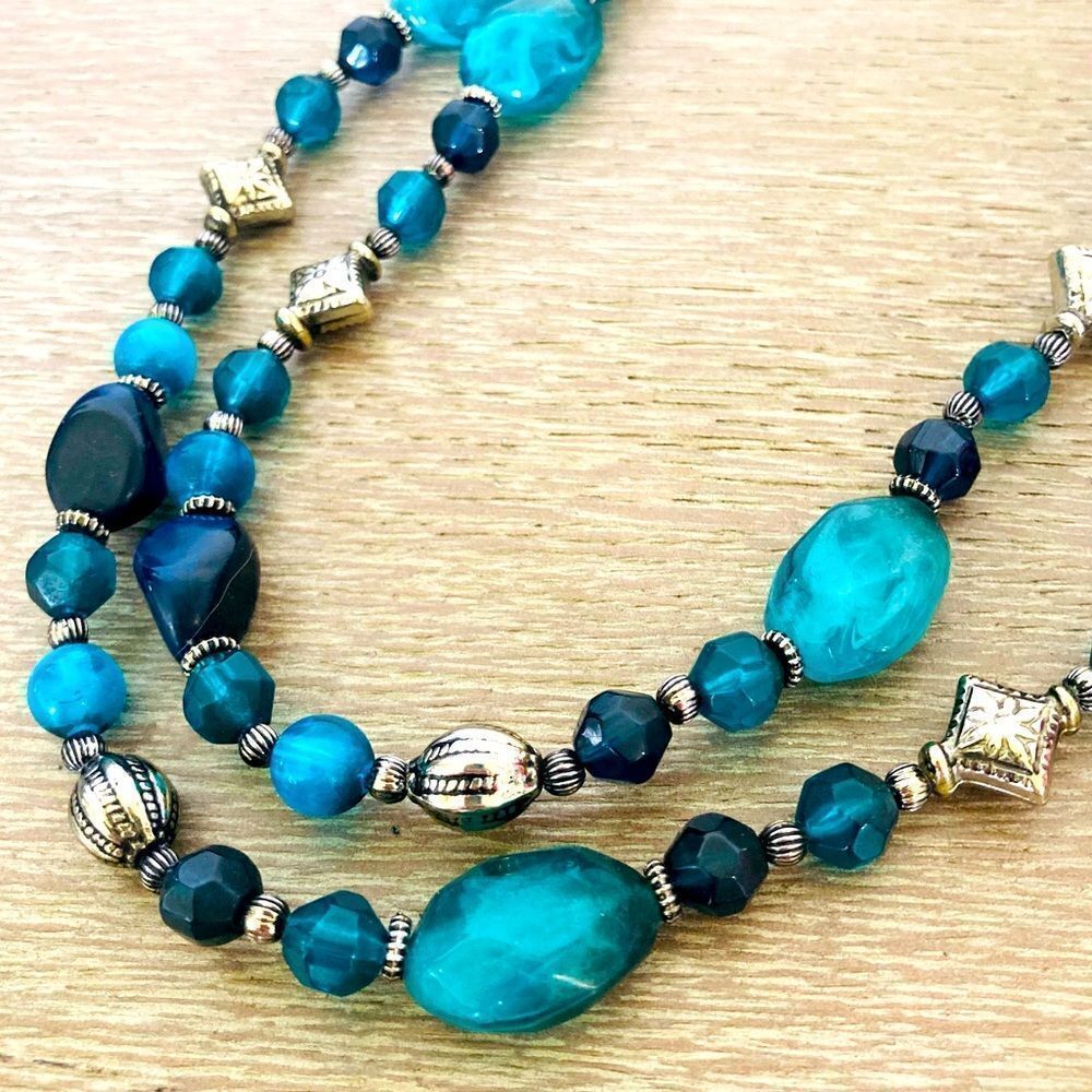Blue Silver Beaded Long Accent Necklace